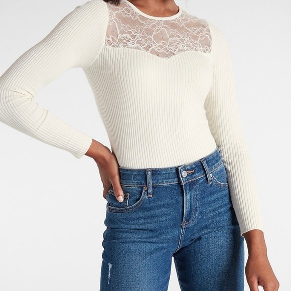 EXPRESS Ivory Lace Neckline Soft Ribbed Sweater Beautiful Shirt Medium 8-10 NWT - Picture 1 of 11
